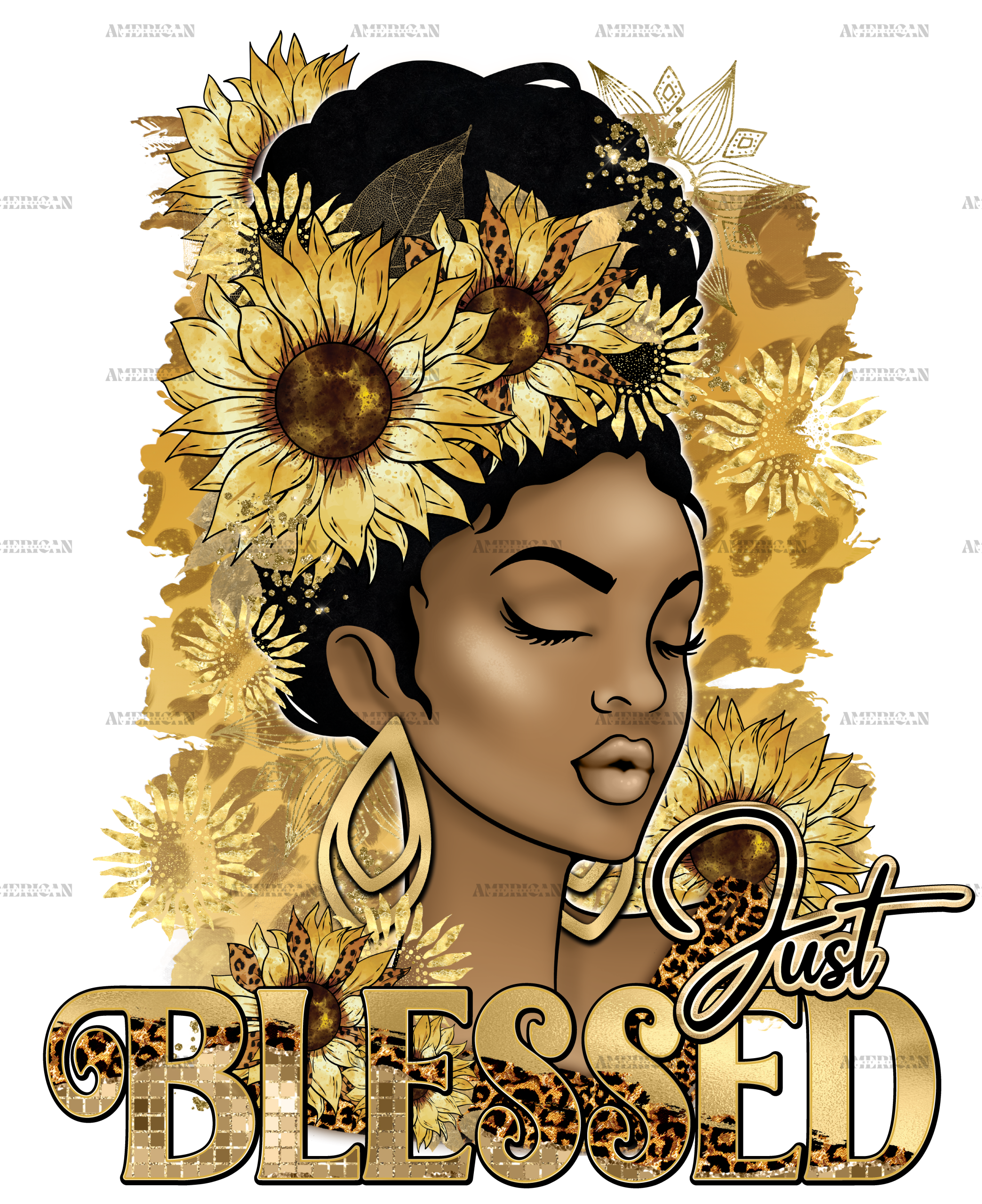 Just Blessed Afro Woman Sunflower Leopard DTF Transfer